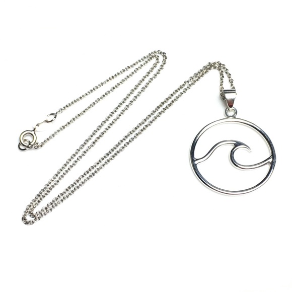 [#A129] 925 Silver Wave Pendant Necklace - Picture 1 of 4